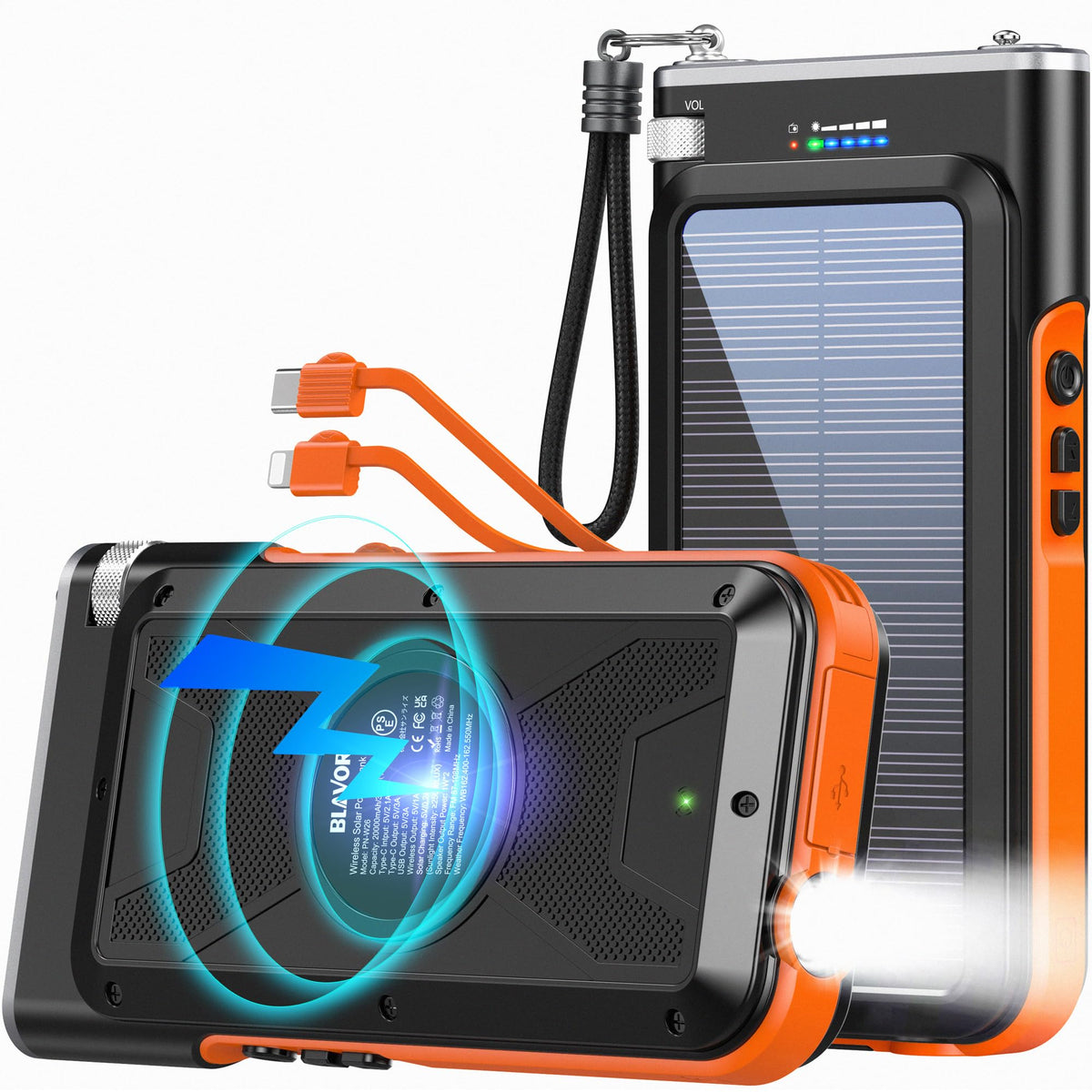 BLAVOR Solar Power Bank 20000mAh Wireless Charging QC 3.0 Fast Charging Portable Charger Built-in 2 Cables and Flashlight Battery Pack for Hiking Travel and Emergency Preparedness